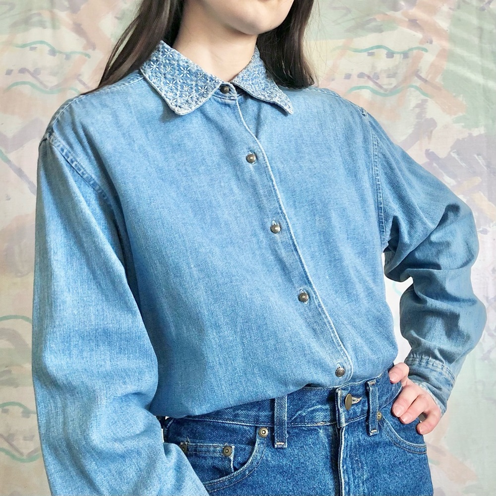 Embroidered collar denim button up shirt